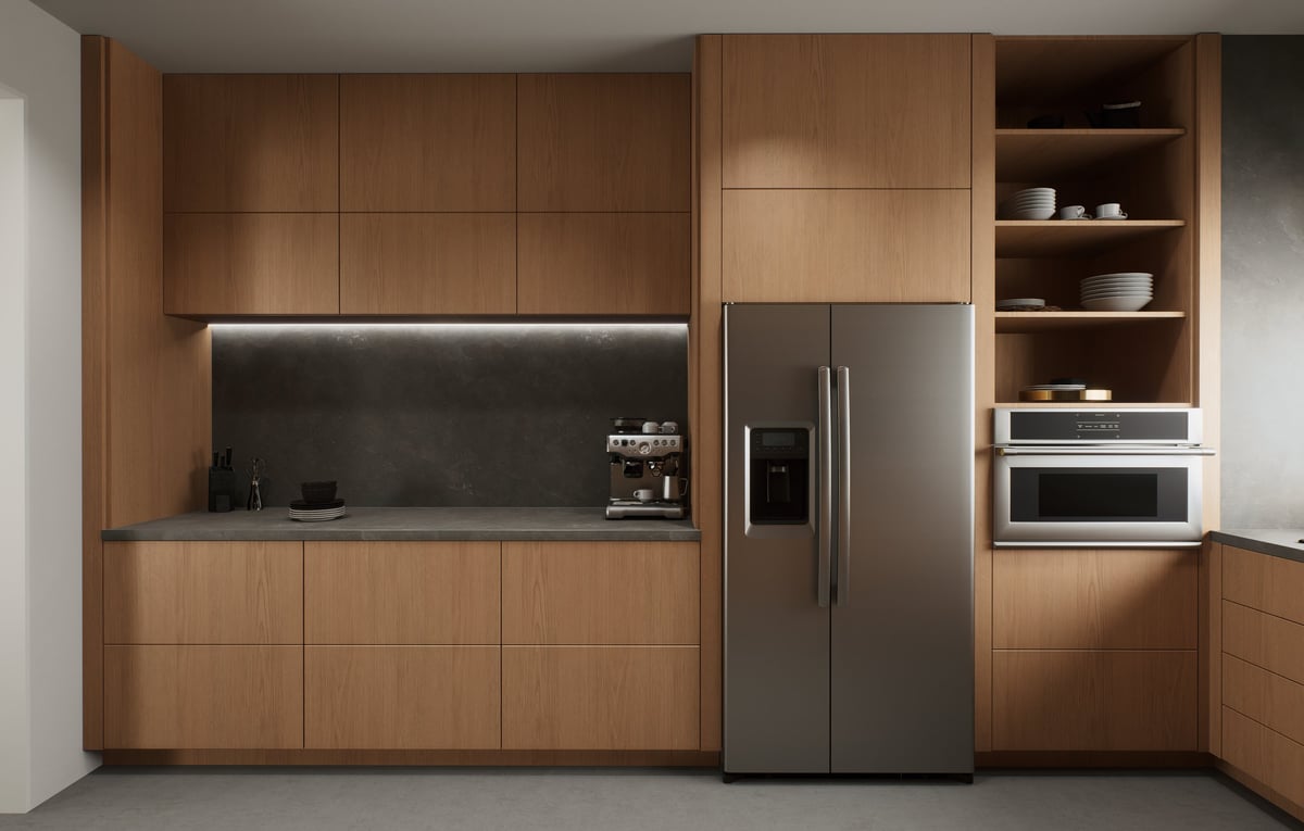 Completed kitchen remodel with wooden cabinetry and stone countertops